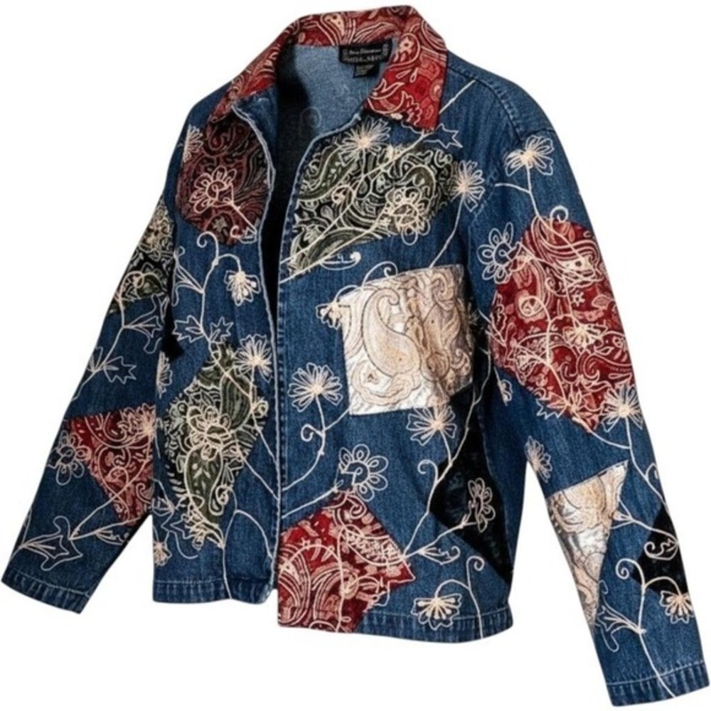 Vintage New Directions 90s Bohemian Denim Jacket XL Patchwork Statement Top